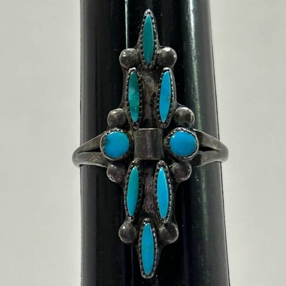 Vintage 1970's Sterling Petit Point Turquoise Ring - Picture 1 of 7